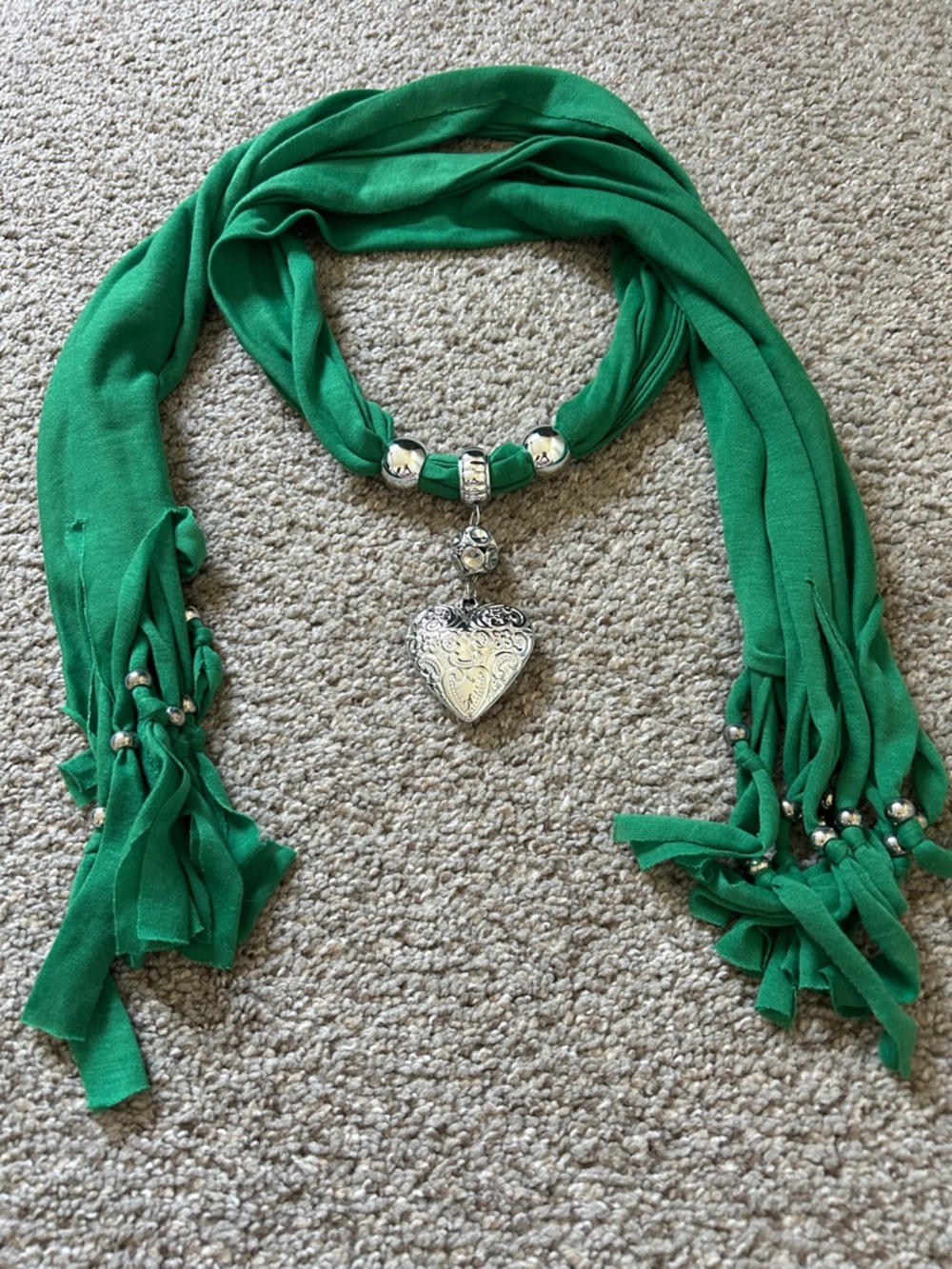 Green Heart Pendant Scarf Wrap with Silver Accents